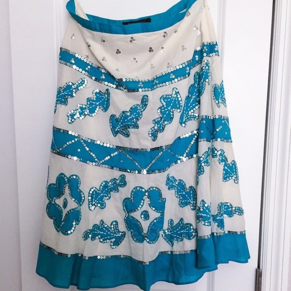 BCBGMaxAzria White & Turquoise A-Line Skirt Sz 6